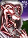  2003 anthro claws close-up clothed clothing dragon duo english_text grey_hair grey_scales hair human jewelry male mammal markie nude open_mouth outside red_eyes red_scales scalie sharp_teeth size_difference slit_pupils teeth text tongue tongue_out vore 