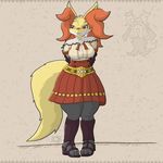  2015 :3 abstract_background anthro belt big_breasts blouse bludragoon breasts clothing crossover delphox female fur inner_ear_fluff medallion monster_hunter nintendo pok&eacute;mon red_eyes sandals skirt thick_thighs video_games wide_hips 