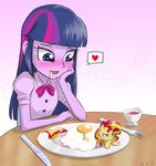  &lt;3 2015 blonde_hair blush clothig cup duo egg equestria_girls equine female fork fried_egg hair horn knife mammal micro multicolored_hair my_little_pony plate purple_eyes purple_hair red_hair saliva sitting sunset_shimmer_(eg) sweat ta-na table tea twilight_sparkle_(eg) two_tone_hair unicorn 