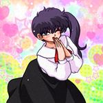  ;d black_hair black_skirt cowboy_shot grey_eyes hands_together heart heart_background kunou_kodachi long_hair long_sleeves looking_at_viewer official_style one_eye_closed open_mouth ranma_1/2 school_uniform side_ponytail skirt smile solo star starry_background wanta_(futoshi) 