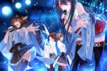  bare_shoulders black_hair brown_eyes brown_hair detached_sleeves hairband haruna_(kantai_collection) hiei_(kantai_collection) highres honeycomb_(pattern) honeycomb_background japanese_clothes joseph_lee kantai_collection kirishima_(kantai_collection) kongou_(kantai_collection) long_hair microphone multiple_girls no_legwear nontraditional_miko one_eye_closed open_mouth pantyhose plaid plaid_skirt revision ribbon-trimmed_sleeves ribbon_trim skirt smile thighhighs 