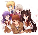  4girls artoria_pendragon_(all) blonde_hair blue_eyes brown_hair emiya_shirou fate/stay_night fate_(series) green_eyes harem highres homurahara_academy_uniform illyasviel_von_einzbern kuma_yuu matou_sakura multiple_girls purple_eyes purple_hair red_eyes saber school_uniform toosaka_rin white_hair 