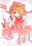  bad_id bad_pixiv_id blush bow brown_hair cardcaptor_sakura cherry_blossoms dress fly_(marguerite) frilled_dress frilled_gloves frills fuuin_no_tsue gloves green_eyes hand_on_own_cheek hat kinomoto_sakura looking_at_viewer magical_girl one_eye_closed pantyhose petals pink_dress pink_hat red_bow short_hair sitting smile solo white_gloves white_legwear white_wings wings 