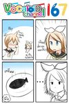  1boy 1girl 4koma ascot blonde_hair blue_eyes burnt catstudioinc_(punepuni) color_drain comic commentary crying emphasis_lines highres kagamine_len kagamine_rin left-to-right_manga plate pun sailor_collar smoke tears thai translated vocaloid wiping_tears 