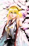  bare_shoulders blonde_hair cherry_blossoms cosplay detached_sleeves glasses headgear highres japanese_clothes kantai_collection kirishima_(kantai_collection) kirishima_(kantai_collection)_(cosplay) maro4 mugetsu nontraditional_miko realistic short_hair smile solo touhou touhou_(pc-98) yellow_eyes 
