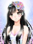  bangs bare_shoulders black_hair blush breasts brown_eyes cleavage collarbone commentary_request eyebrows_visible_through_hair flower hair_flower hair_ornament long_hair original petals sleeveless small_breasts smile solo takaaya_kazuka upper_body 