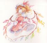  1girl ascot blonde_hair flandre_scarlet hat red_eyes rella side_ponytail touhou traditional_media wings 