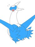  blue_feathers blush che_ri_ni cute disembodied_hand dragon latios legendary_pok&eacute;mon looking_at_viewer male nintendo open_mouth plain_background pok&eacute;mon poking red_eyes solo surprise tongue video_games white_feathers 