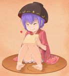  barefoot bowl bowl_hat cheese eating food full_body haragon hat highres japanese_clothes kimono minigirl obi open_mouth panties pantyshot pantyshot_(sitting) purple_hair sash short_hair sitting smile solo sukuna_shinmyoumaru touhou underwear white_panties 