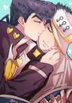  black_hair cheek_kiss family gunbam hat higashikata_jousuke jojo_no_kimyou_na_bouken kiss kuujou_joutarou male_focus multiple_boys pompadour purple_hair uncle_and_nephew 