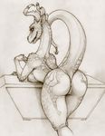  2015 anthro anus bell bent_over breasts claws curved_horns dragon ecmajor female horn looking_at_viewer looking_back monochrome nude open_mouth pussy scales solo 