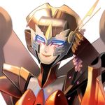  1girl autobot blue_eyes flower lipstick lowres makeup mecha_girl moyaro transformers windblade_(transformers) 