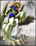  2003 anthro breasts brown_hair clothed clothing dragon feet female flag foot_fetish foot_focus green_scales group gun hair horn human male mammal markie raised_leg ranged_weapon rifle russian scalie size_difference skimpy soldier tank united_states_of_america weapon wings 