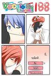  1girl 4koma animal_ears black_shirt blue_eyes blue_hair bottomless cat_ears catstudioinc_(punepuni) choice clenched_hand comic commentary highres kaito left-to-right_manga long_hair long_sleeves lying on_back on_side one_eye_closed original puni_(miku_plus) red_hair shirt sleeping sleeping_on_person thai translated vocaloid waking_up 