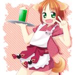  :d animal_ears apron brown_hair cup dog_ears dog_tail drinking_glass fang green_eyes inuarashi japanese_clothes kimono looking_at_viewer meiko_(inuarashi) name_tag open_mouth original ribbon-trimmed_sleeves ribbon_trim short_hair short_kimono smile solo tail v waitress 