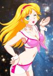  1girl ;d bikini bikini_shorts blonde_hair breasts choker cleavage collar cowboy_shot cutie_honey cutie_honey_universe eyebrows_visible_through_hair floating_hair green_eyes groin hairband hand_on_hip kisaragi_honey leaning_forward long_hair looking_at_viewer maboroshi_dandy medium_breasts navel one_eye_closed open_mouth pink_bikini red_hairband sailor_bikini sailor_collar shorts smile solo standing swimsuit white_sailor_collar wrist_cuffs 