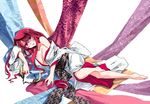  barefoot breasts cleavage cup fake_horns ishida_akira japanese_clothes jpeg_artifacts kimono large_breasts long_hair lying maou_(maoyuu) maoyuu_maou_yuusha md5_mismatch new_year off_shoulder official_art on_side red_eyes red_hair sakazuki solo 