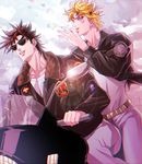  blonde_hair brown_hair caesar_anthonio_zeppeli ground_vehicle gunbam jacket jojo_no_kimyou_na_bouken joseph_joestar_(young) leather leather_jacket motor_vehicle motorcycle multiple_boys sunglasses 