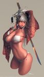  armlet bell bell_collar bikini breasts cleavage collar dark_skin dated grey_hair horns large_breasts lips lokman_lam mole mole_under_mouth navel oni original ponytail skindentation smile solo swimsuit sword weapon wet yellow_eyes 