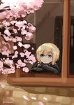  blonde_hair blue_eyes bob_cut cherry_blossoms crossed_arms erica_hartmann from_outside kodamari long_sleeves short_hair solo strike_witches twitter_username window world_witches_series 