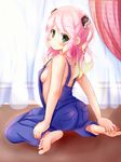  ass barefoot blush breasts curtains denim feet from_behind full_body green_eyes long_hair looking_back medium_breasts naked_overalls original overalls pink_hair rokusan_(dendoganseki) sideboob sitting soles solo toes twintails wariza 