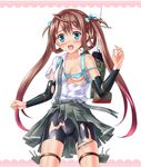  asagumo_(kantai_collection) bike_shorts blue_eyes blush brown_hair hair_ribbon kantai_collection kyamu_(qqea92z9n) long_hair machinery off_shoulder open_mouth ribbon solo torn_clothes turret twintails 