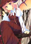  branch brown_dress dress expressionless frilled_sleeves frills highres in_tree long_sleeves mystia_lorelei nail_polish otogi_kyouka pink_eyes pink_hair puffy_long_sleeves puffy_sleeves short_hair sitting sitting_in_tree solo touhou tree wide_sleeves wings 