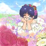  ;o bare_shoulders black_hair blue_sky brown_eyes cloud cloudy_sky collarbone day detached_sleeves field flower flower_field flower_wreath head_rest head_wreath lips long_sleeves lowres one_eye_closed open_mouth outdoors puffy_long_sleeves puffy_sleeves ranma_1/2 short_hair sky solo tendou_akane wanta_(futoshi) 