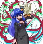  animal bird bird_on_hand black_dress breasts china_dress chinese_clothes cleavage cleavage_cutout dress duck floral_print glasses hair_ornament long_hair long_sleeves medium_breasts mousse mousse_(duck) official_style purple_eyes purple_hair ranma_1/2 shampoo_(ranma_1/2) smile wanta_(futoshi) 
