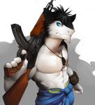  abs biceps big_muscles black_fur blue_eyes claws clothed clothing discordnight dog_tags fallout fur grey_fur grey_hair gun hair half-dressed male muscles pipboy ranged_weapon vu06 weapon 