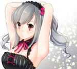  armpits arms_behind_head bad_id bad_pixiv_id black_swimsuit blush bow breasts cross-laced_clothes frilled_swimsuit frills grey_hair hairband idolmaster idolmaster_cinderella_girls izumil kanzaki_ranko looking_at_viewer medium_breasts neck_ribbon pink_bow red_eyes ribbon short_hair solo swimsuit twintails 