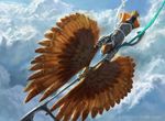  armor avian bird cloudscape diving feathered_wings flying holding_weapon jason_rainville low-angle_shot magic_the_gathering male official_art polearm sky solo warrior watermark weapon winged_arms wings 