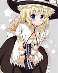  apron blonde_hair blue_eyes blush bow braid breasts capelet cleavage curiosities_of_lotus_asia grey_background hands_on_thighs hat hat_ribbon highres kirisame_marisa leaning_forward light_smile long_hair looking_at_viewer medium_breasts puffy_short_sleeves puffy_sleeves revision ribbon short_sleeves single_braid solo star starry_background touhou utakata_(azaka00) waist_apron witch_hat wrist_cuffs 