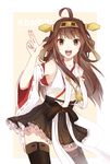 ahoge brown_hair character_name copyright_name hairband japanese_clothes kantai_collection kongou_(kantai_collection) long_hair nontraditional_miko revision smile solo vveird 