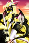  2015 anthro armor blonde_hair blumagpie breasts cleavage clothed clothing cloud coin dragon fangs female gold gold_coin hair horn legwear long_hair looking_at_viewer membranous_wings necklace sky slit_pupils solo stockings unconvincing_armor wings yellow_eyes 
