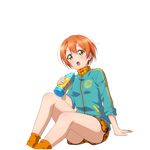  artist_request blush bottle hoshizora_rin looking_at_viewer love_live! love_live!_school_idol_festival love_live!_school_idol_project non-web_source official_art open_mouth orange_hair short_hair shorts sitting solo sweat third-party_edit transparent_background water_bottle yellow_eyes zipper 