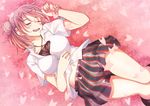  akino_sora blush breasts closed_eyes flower hair_bun highres large_breasts long_hair lying navel on_back open_mouth pink_hair school_uniform short_hair smile solo yahari_ore_no_seishun_lovecome_wa_machigatteiru. yuigahama_yui 