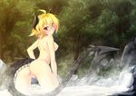 ahoge ass back blush breasts censored dragon_girl dragon_horns dragon_tail from_behind gekato highres horns looking_back medium_breasts nature nipples nude onsen original partially_submerged pussy short_hair tail water yellow_eyes 