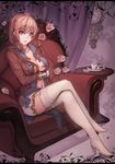  aiguillette analog_clock blonde_hair blue_eyes boots breasts chair cleavage clock crossed_legs cup flower garter_straps gears high_heels large_breasts miniskirt navel open_clothes plate rodney_(zhan_jian_shao_nyu) roman_numerals rose short_hair sitting skirt solo table teacup thigh_boots thighhighs youxuemingdie zettai_ryouiki zhan_jian_shao_nyu 