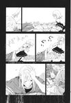  1girl ;o bangs blush clenched_teeth closed_eyes comic eho_(icbm) from_side greyscale hand_on_own_head highres holding_head injury kirisame_marisa long_sleeves lying mary_janes monochrome morichika_rinnosuke on_ground on_stomach one_eye_closed outdoors outstretched_arm profile pulling shoes skirt socks squatting teeth touhou wince 