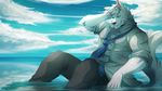  abs biceps blue_eyes canine clothing fur male mammal muscles necktie pecs rabbity shirt white_fur 