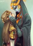  2girls alderion-al blue_skin brown_hair front_ponytail hand_on_cheek height_difference jewelry long_hair makeup midna midna_(true) multiple_girls orange_hair pointy_ears princess_zelda red_eyes size_difference spoilers the_legend_of_zelda the_legend_of_zelda:_twilight_princess twilight_princess 