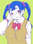  blue_hair bow breasts brown_eyes glasses head_tilt large_breasts long_hair nagimiso nikuko_(galko) oshiete!_galko-chan semi-rimless_eyewear solo sweater_vest twintails under-rim_eyewear upper_body 