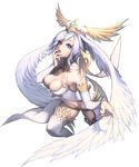  bare_shoulders breasts chaos_online cleavage cleavage_cutout detached_sleeves fingernails hand_to_own_mouth head_wings headpiece large_breasts lavender_eyes lavender_hair leg_up lips long_fingernails love_cacao official_art parted_lips rozamia short_hair solo thighhighs transparent_background white_legwear wings 