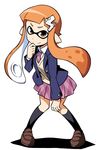  anbe_masahiro commentary full_body hair_ornament hairclip hand_on_own_knee inkling loafers necktie school_uniform shoes simple_background skirt smile socks solo splatoon_(series) splatoon_1 tentacle_hair white_background 