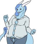  anthro belly_expansion belly_inflation big_breasts blue_hair breasts brown_eyes clothed clothing dragon female hair inflation larissa nomminus scalie 