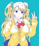  asymmetrical_hair blonde_hair blue_background blue_eyes breasts cardigan double_v earrings eyeshadow galko jewelry large_breasts long_hair makeup nagimiso one_side_up oshiete!_galko-chan school_uniform scrunchie side_bun skirt sleeves_past_wrists smile solo stud_earrings v 