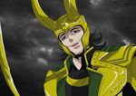  anime_coloring armor avengers bad_id bad_pixiv_id black_hair fake_screenshot green_eyes helmet highres horns loki_(marvel) male_focus marvel solo staff takesake 