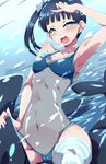  black_hair blue_eyes blush breasts cameltoe fantasista_doll highres open_mouth see-through side_ponytail small_breasts solo striped striped_legwear swimsuit thighhighs tokyo_(great_akuta) ukiwa_(fantasista_doll) water 