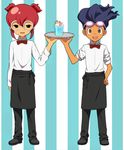  apron bow bowtie brown_hair full_body glass glasses goggles goggles_on_head hamano_kaiji hayami_tsurumasa inazuma_eleven_(series) inazuma_eleven_go male_focus multiple_boys open_mouth short_twintails smile tray twintails waist_apron waiter 